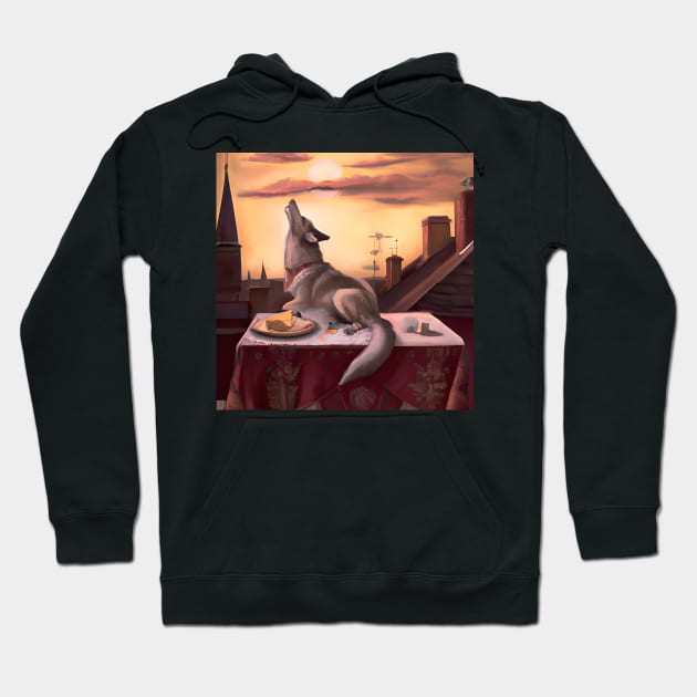 German Shepherd Brown Grey Dog Howling Eating Cake Sunset Hoodie by druidwolfart